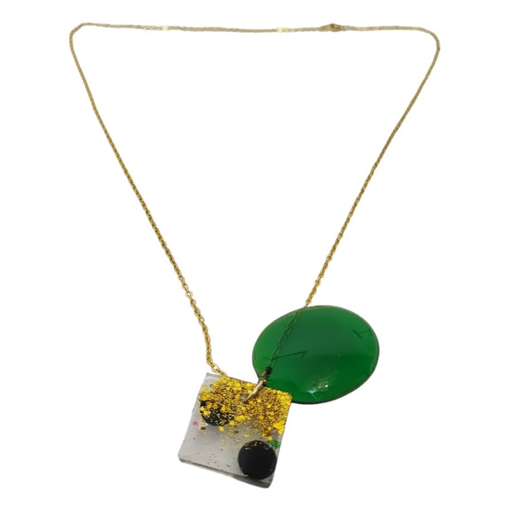 14 K Gold Plated Resin Abalone Square glitter Green Oval Pendant Necklace - Picture 3 of 6